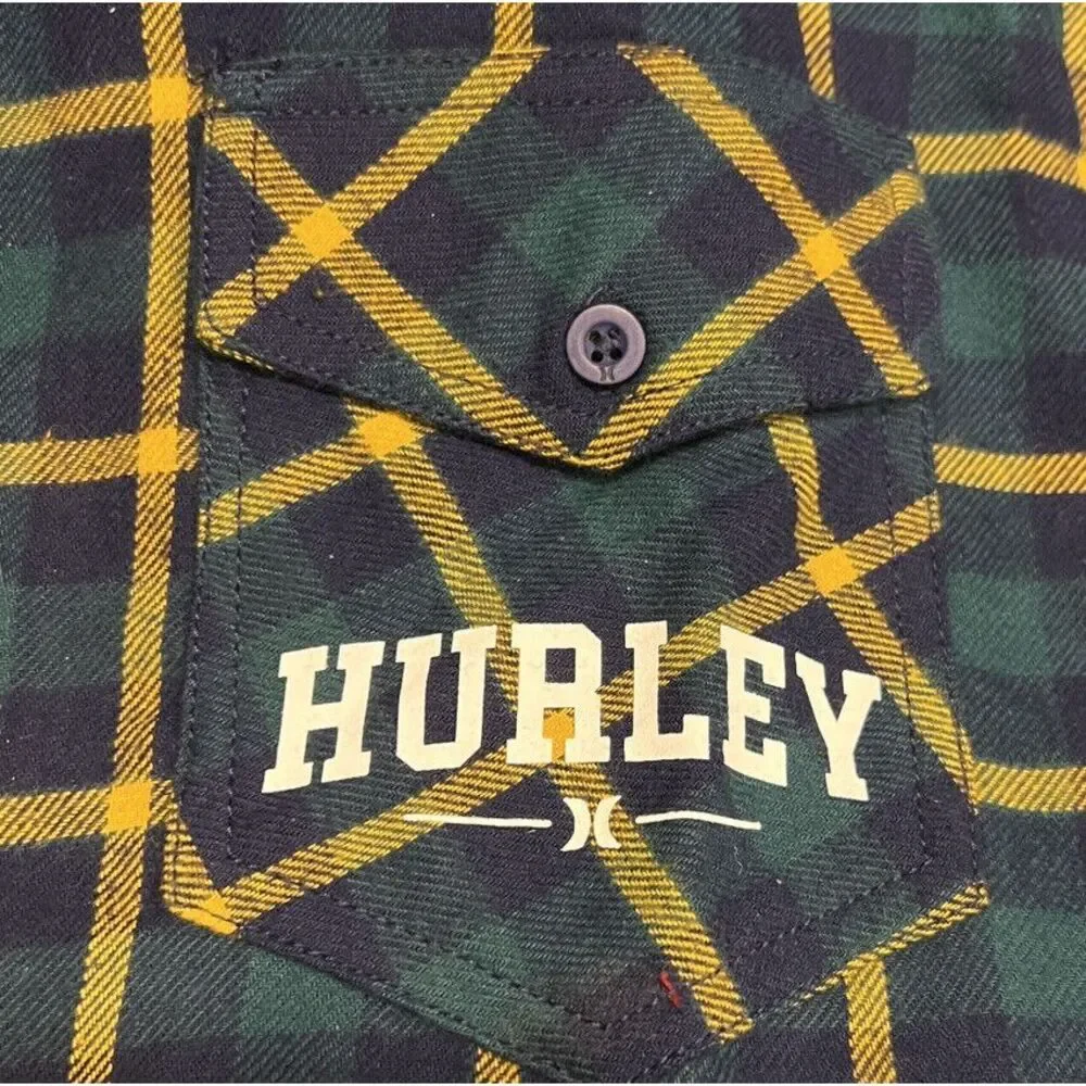 New $50 Hurley Mens Plaid Flannel Button Up Long Sleeve Shirt Seaweed Green‎ M